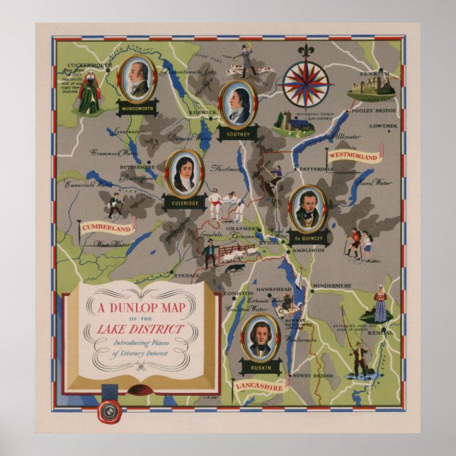 Póster Mapa Dunlop del distrito de los lagos, Inglaterra (Frente)