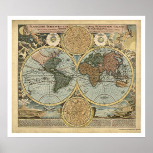 Póster Mapa espectacular del mundo por Homann 1716