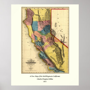 Póster Mapa estatal de la región dorada de California de 