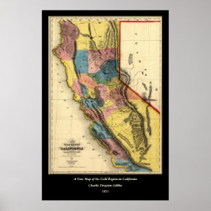 Póster Mapa estatal de la región dorada de California de 