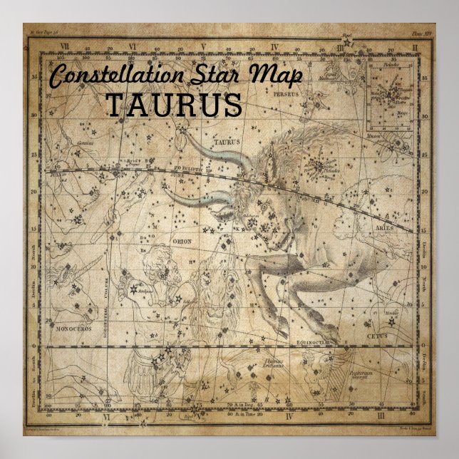 Póster Mapa estelar de la constelación de toros de Taurus (Frente)