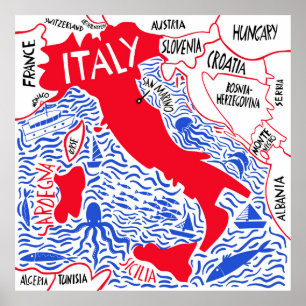 Póster mapa estilizado a mano de Italia. Ilustración de 