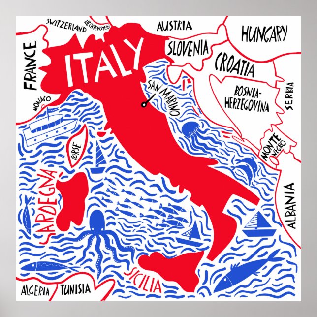 Póster mapa estilizado a mano de Italia. Ilustración de v (Frente)