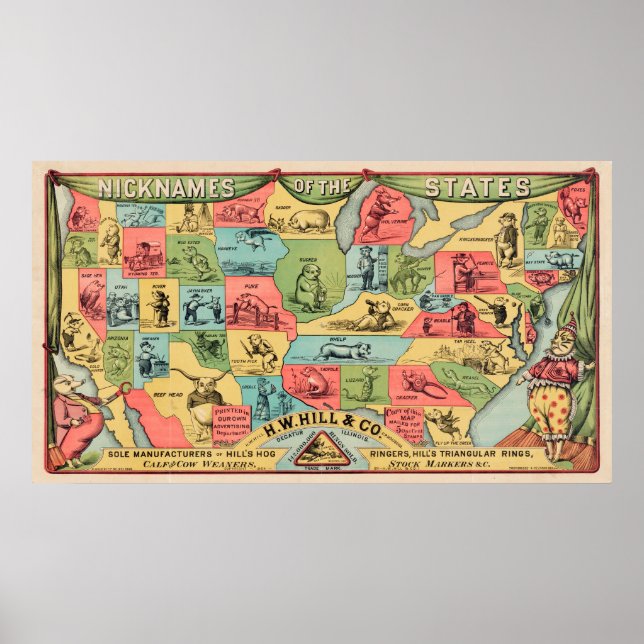 Póster Mapa Estilizado De Estados Unidos Con Apodos (Frente)
