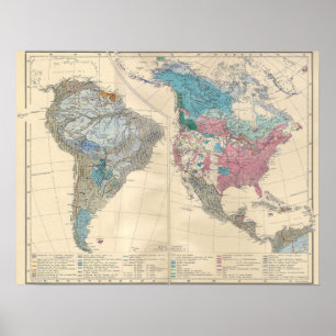 Póster Mapa étnico de América del Norte y del Sur de 1880