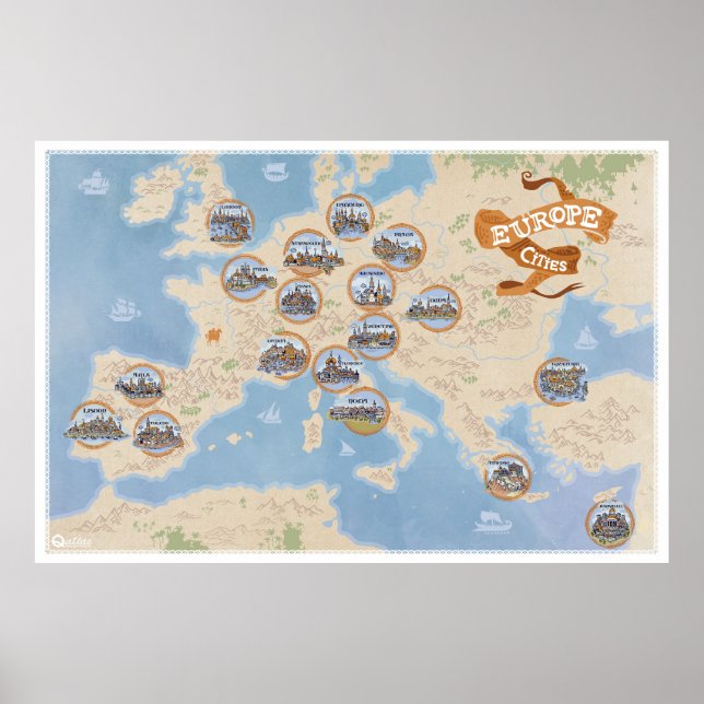 Póster Mapa europeo con ciudades antiguas - Papel Poster (Frente)