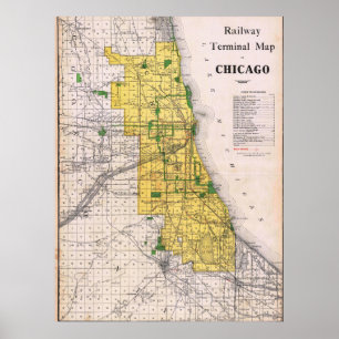Póster Mapa ferroviario antiguo de Chicago