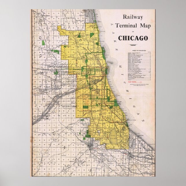 Póster Mapa ferroviario antiguo de Chicago (Frente)