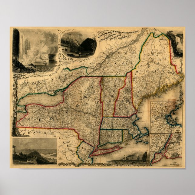 Póster Mapa ferroviario de 1850 de Nueva Inglaterra, Nuev (Frente)