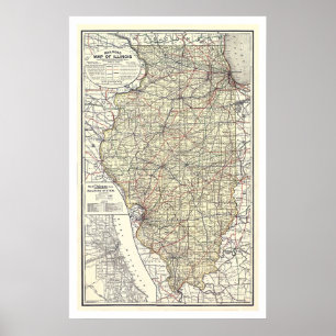 Póster Mapa Ferroviario De Illinois 1898