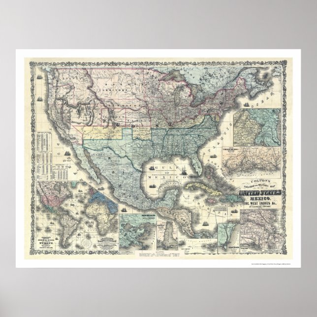 Póster Mapa ferroviario y militar USA 1862 (Frente)