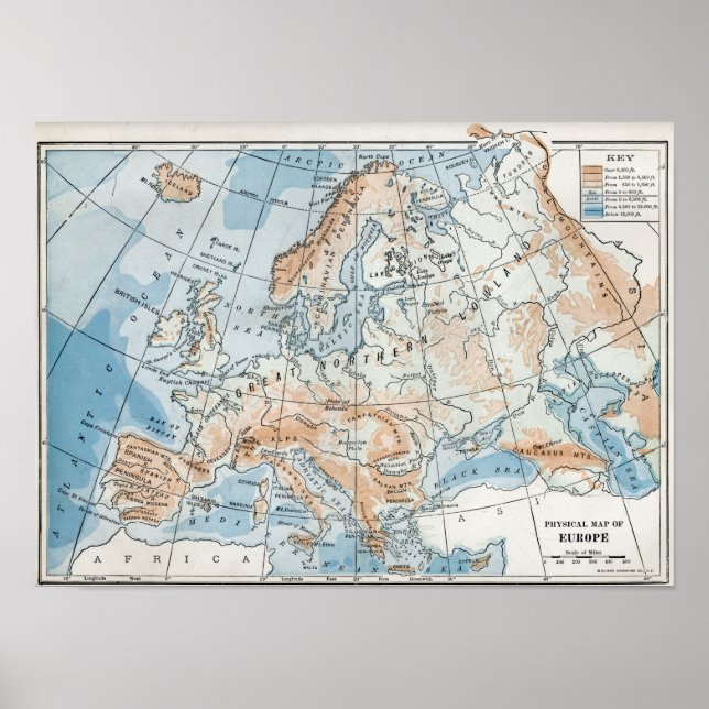 Póster Mapa físico de Europa (1916) (Frente)
