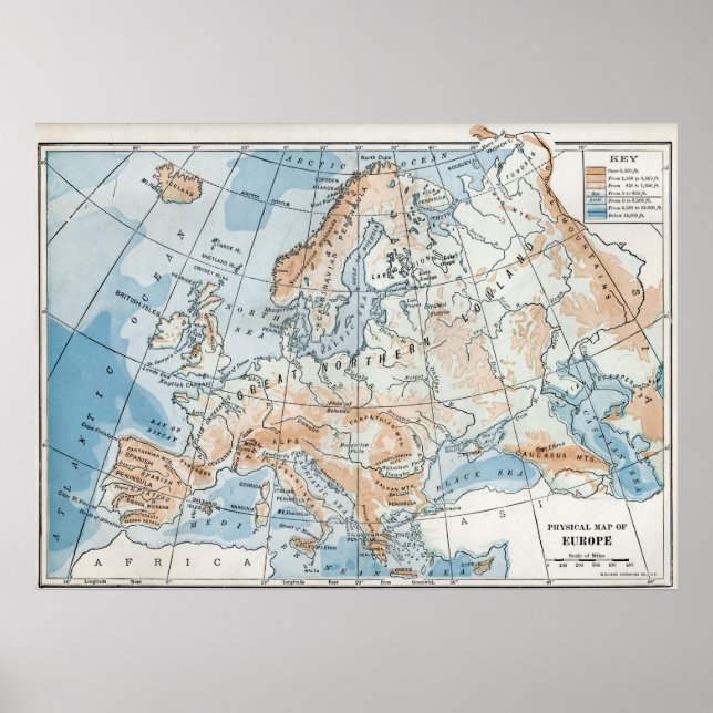 Póster Mapa físico de Europa (1916) (Frente)