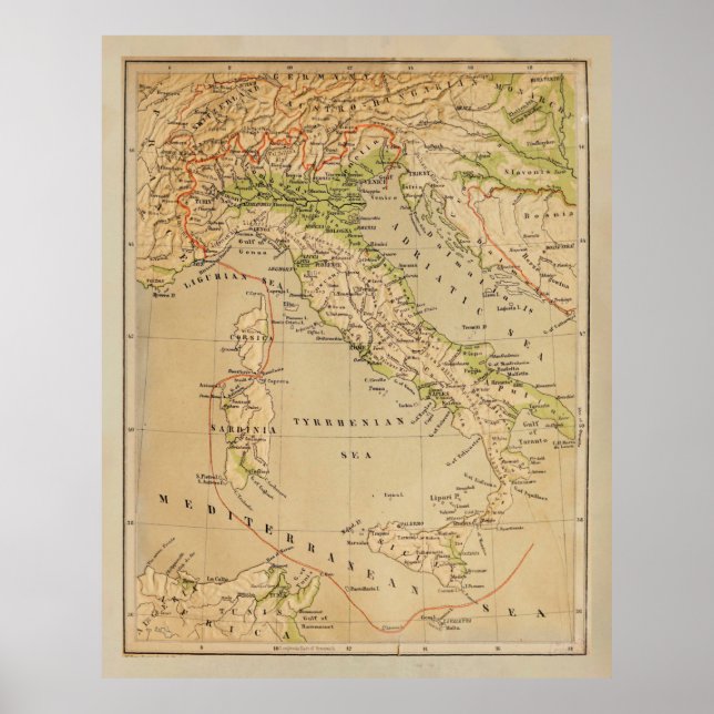 Póster Mapa físico de la Antigua Italia (1881) (Frente)