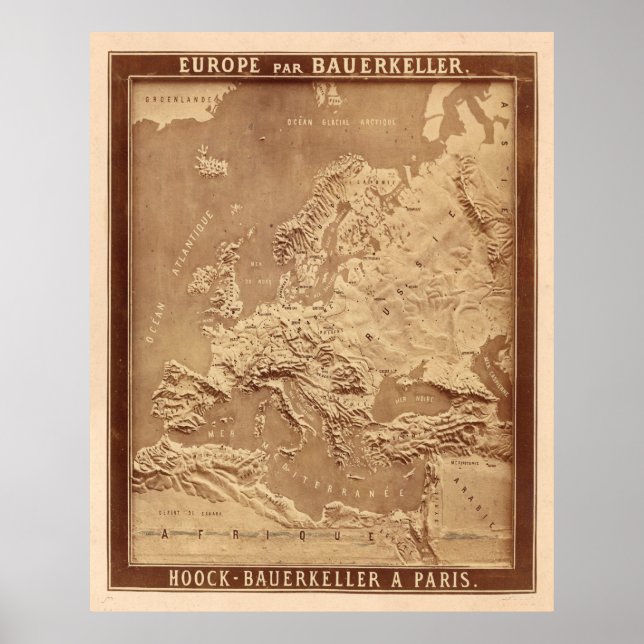 Póster Mapa Físico Vintage de Europa (1870) (Frente)