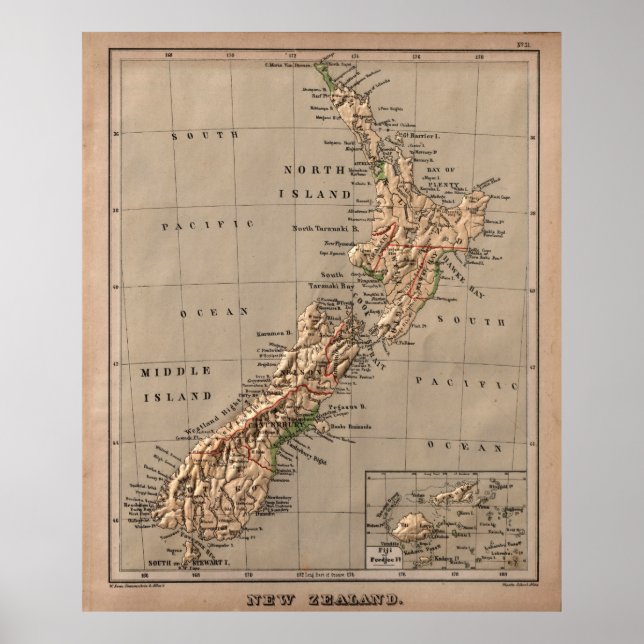 Póster Mapa Físico Vintage de Nueva Zelanda (1880) (Frente)