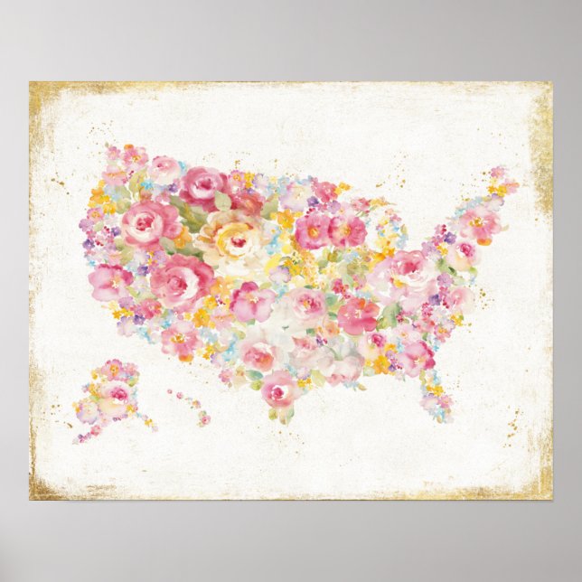 Póster Mapa Floral De Estados Unidos (Frente)