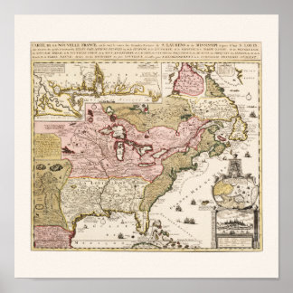 Póster Mapa francés medieval de Quebec/Nouvelle-France Am