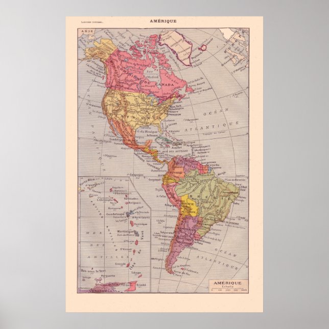Póster Mapa francés vintage, 1920, América (Frente)