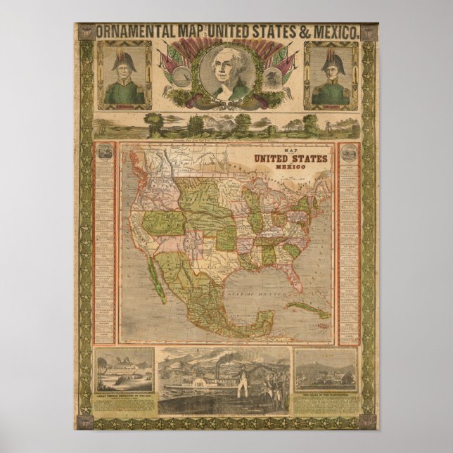 Póster Mapa fundamental de Estados Unidos y México (Frente)