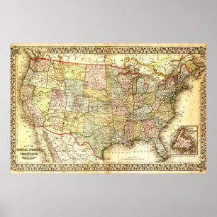 Póster Mapa general de Vintage Old USA