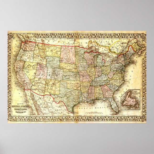 Póster Mapa general de Vintage Old USA (Frente)