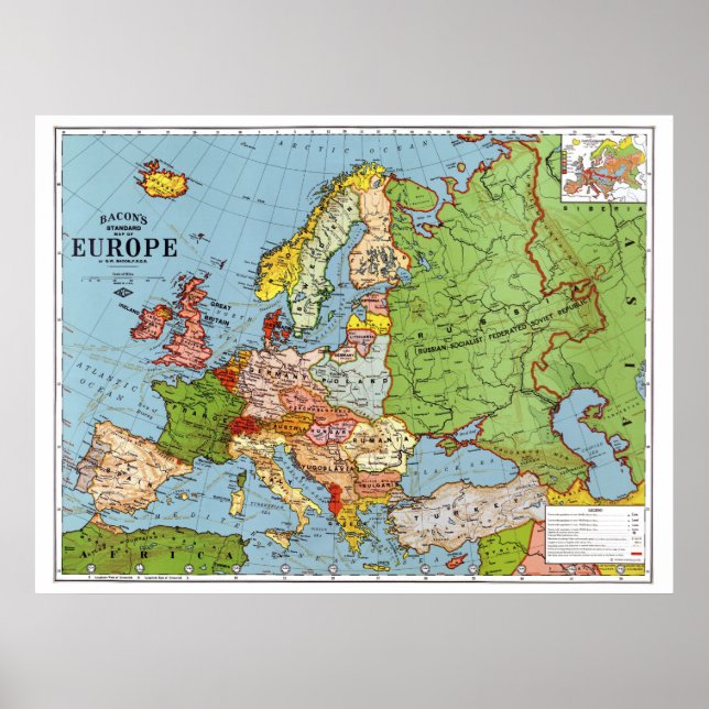 Póster Mapa general del siglo XX de la Vieja Europa (Frente)