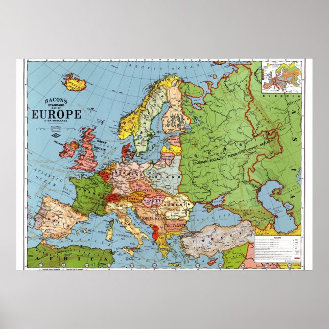 Póster Mapa general vintage Europa siglo XX (Frente)