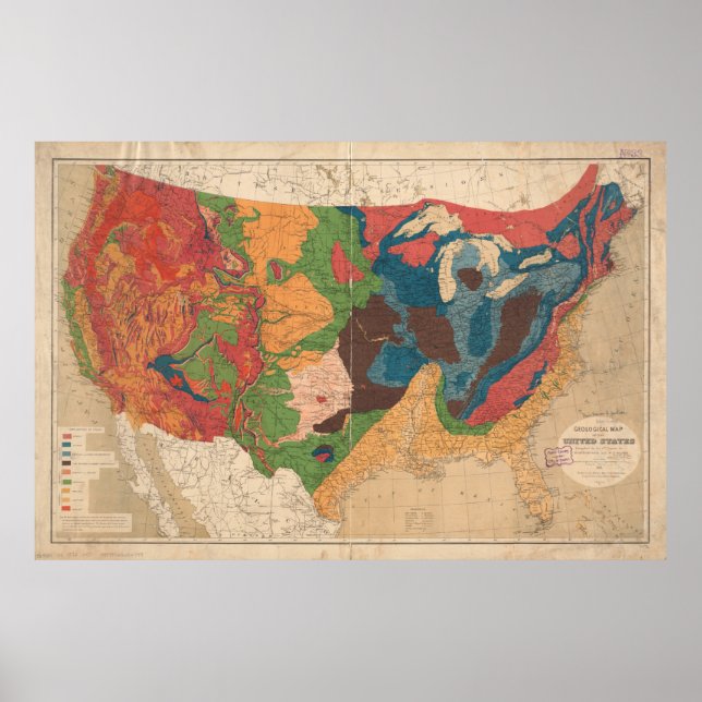 Póster Mapa geológico antiguo de los Estados Unidos (1872 (Frente)