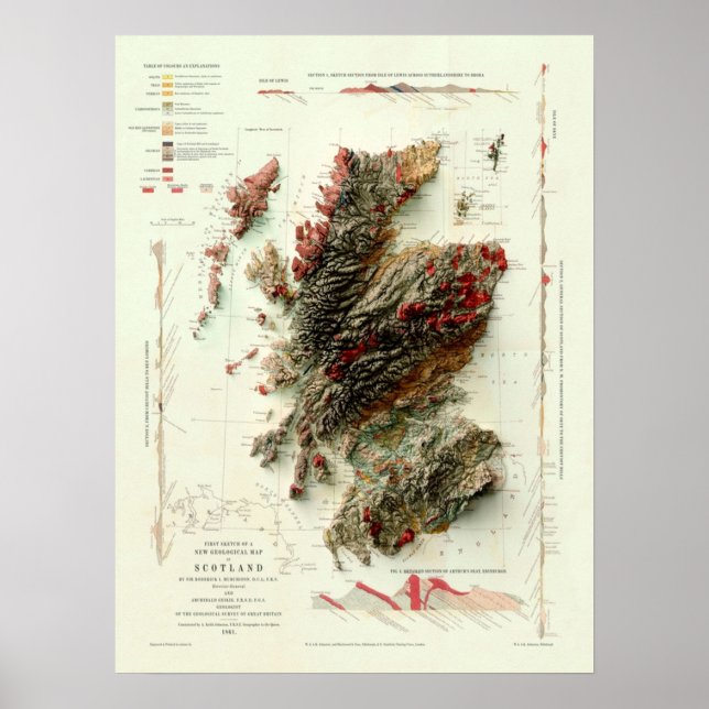 Póster Mapa geológico de Escocia de 1865 digitalmente rep (Frente)