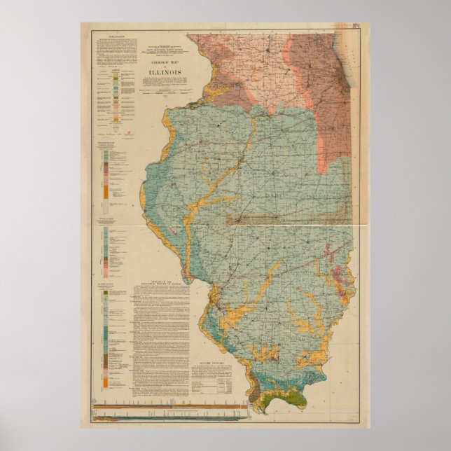 Póster Mapa geológico de Illinois vintage (1917) (Frente)