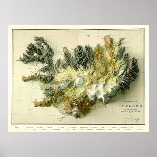 Póster Mapa geológico de Islandia 3D de 1901 digitalmente (Frente)