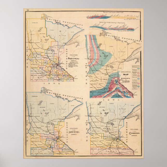 Póster Mapa geológico de Minnesota por NH Winchell (Frente)