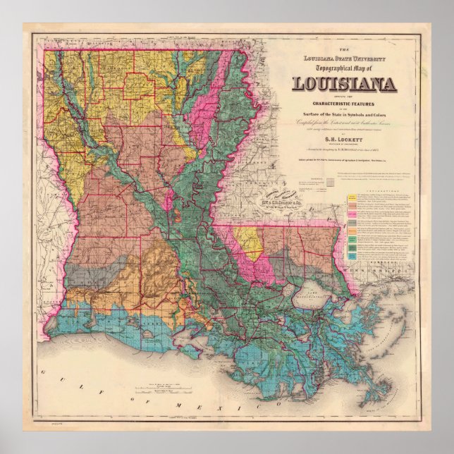 Póster Mapa geológico vintage de Luisiana (1882) (Frente)