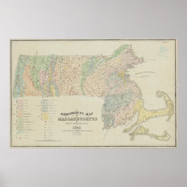 Póster Mapa geológico vintage de Massachusetts (1841) (Frente)