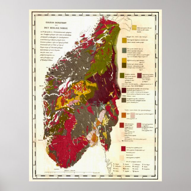 Póster Mapa geológico vintage de Noruega (1871) (Frente)