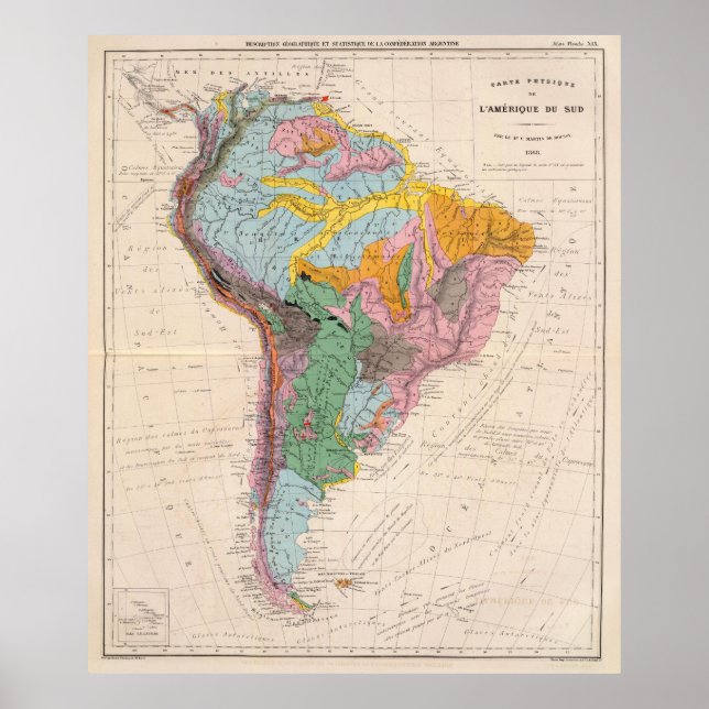 Póster Mapa geológico vintage de Sudamérica (1873) (Frente)
