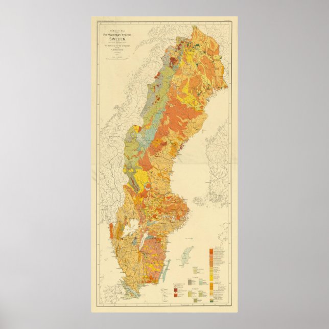 Póster Mapa geológico vintage de Suecia (1910) (Frente)