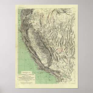Póster Mapa geomórfico, California, Nevada