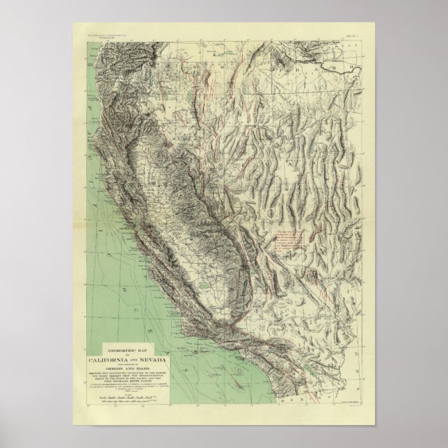 Póster Mapa geomórfico, California, Nevada (Frente)