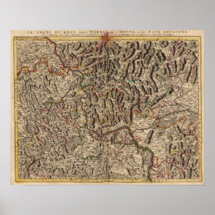 Póster Mapa grabado del valle del río Rin