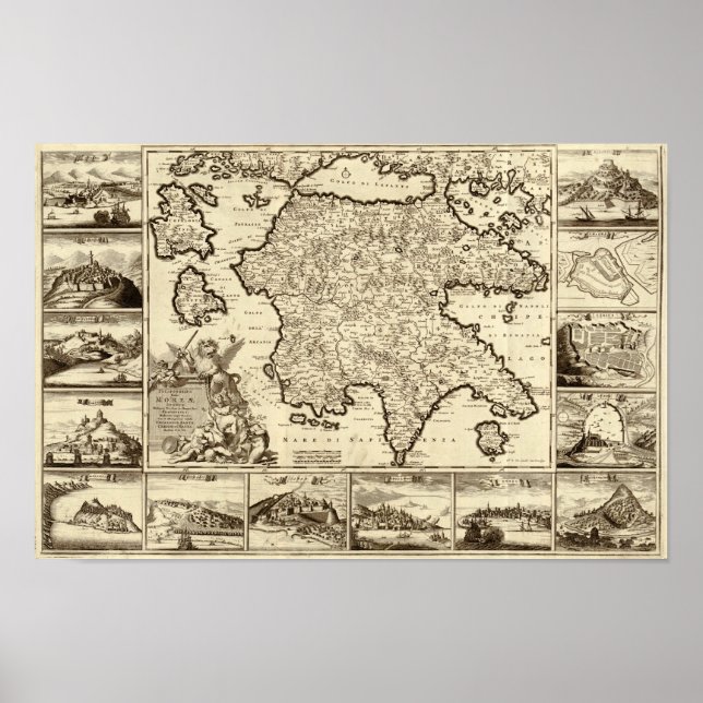 Póster Mapa griego-peloponeso griego de 1688 (Frente)