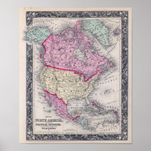 Póster Mapa histórico de América del Norte de 1860