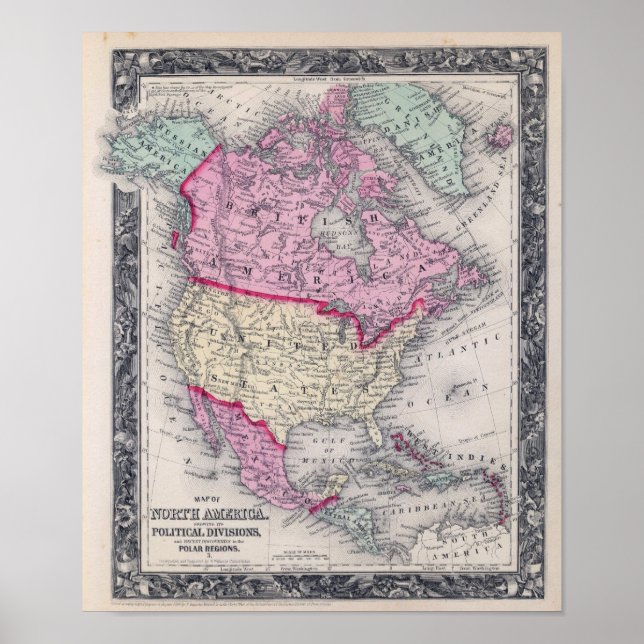 Póster Mapa histórico de América del Norte de 1860 (Frente)