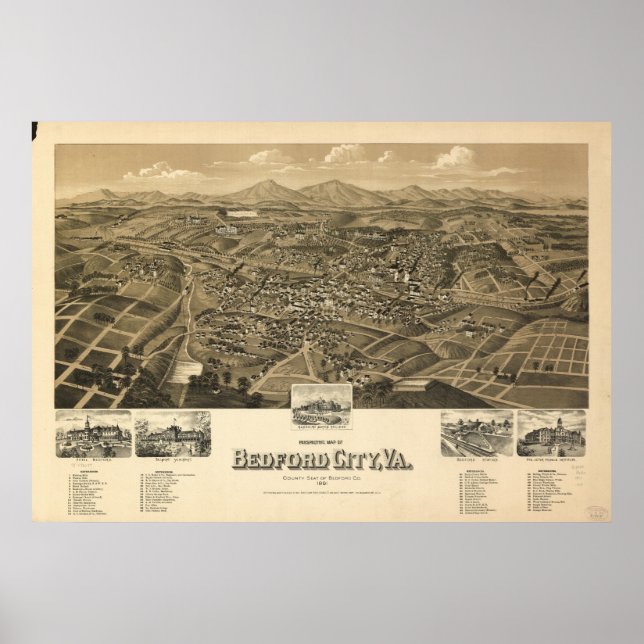 Póster Mapa histórico de Bedford Virginia (Frente)