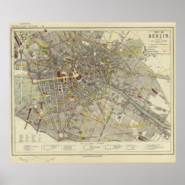 Póster Mapa Histórico de Berlín 1883 – Letts Popular Atla (Frente)