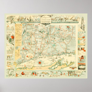 Póster Mapa histórico de Connecticut a partir de 1926
