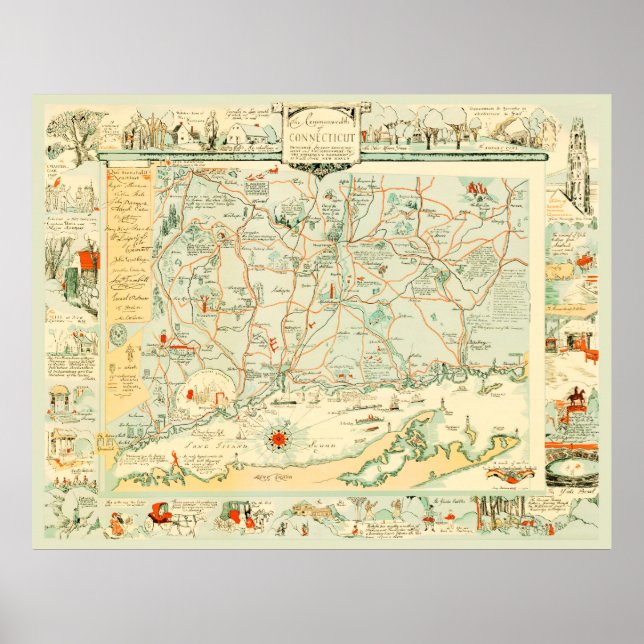 Póster Mapa histórico de Connecticut de 1926 (Frente)