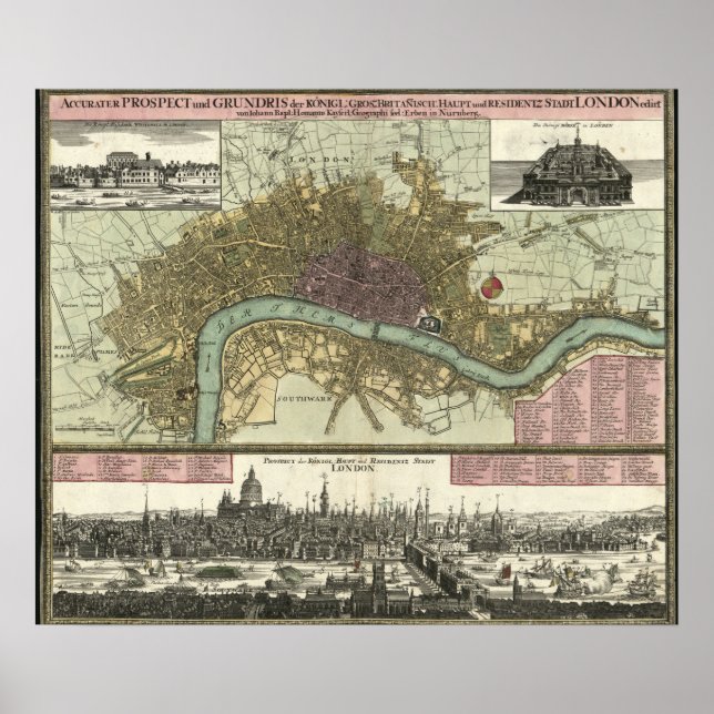 Póster Mapa histórico de Londres, Inglaterra (1740) (Frente)