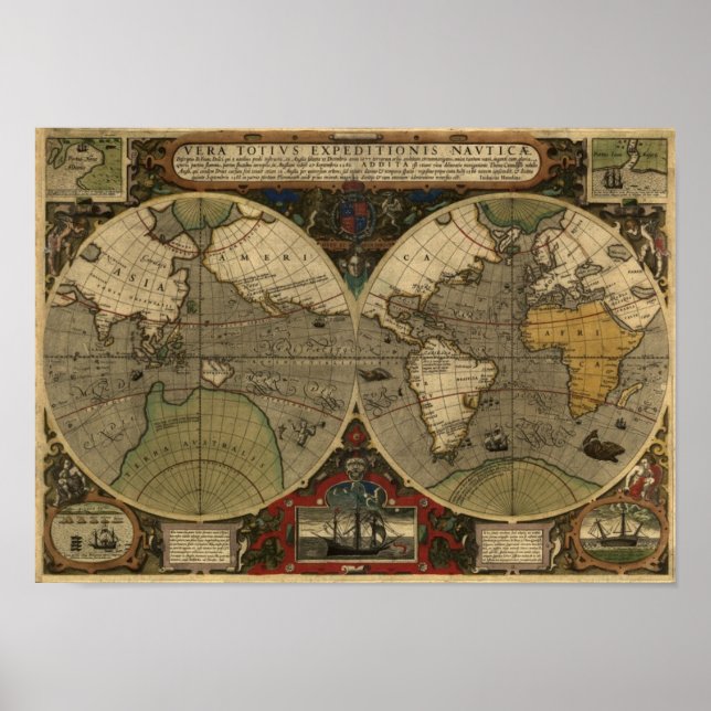 Póster Mapa histórico del Mapa Mundial de Hondius de 1595 (Frente)